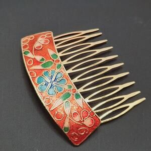 Vintage Cloisonné Enamel Floral Hair Comb Gold Tone Rust Green Blue (2.5”)